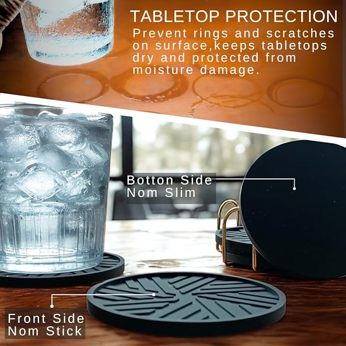 Silicone Coasters Set of 6 with Gold Holder - Smart and Modern Design That Holds Your Drink’s Condensation Protect Your Coffee Table, Decor for Home, Office, bar, Kitchen - Black