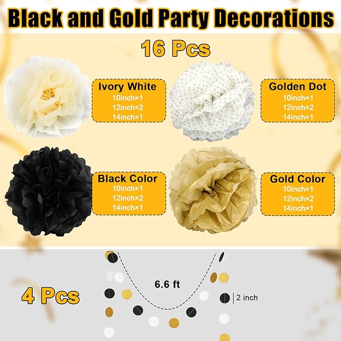 20Pcs Black and Gold Party Decorations 2026 Graduation Decorations 16 Pack Black and Gold Pom Poms Paper Flowers 4 Pack Garlands String for Birthday Wedding Anniversary 2026 Graduation Party Supplies