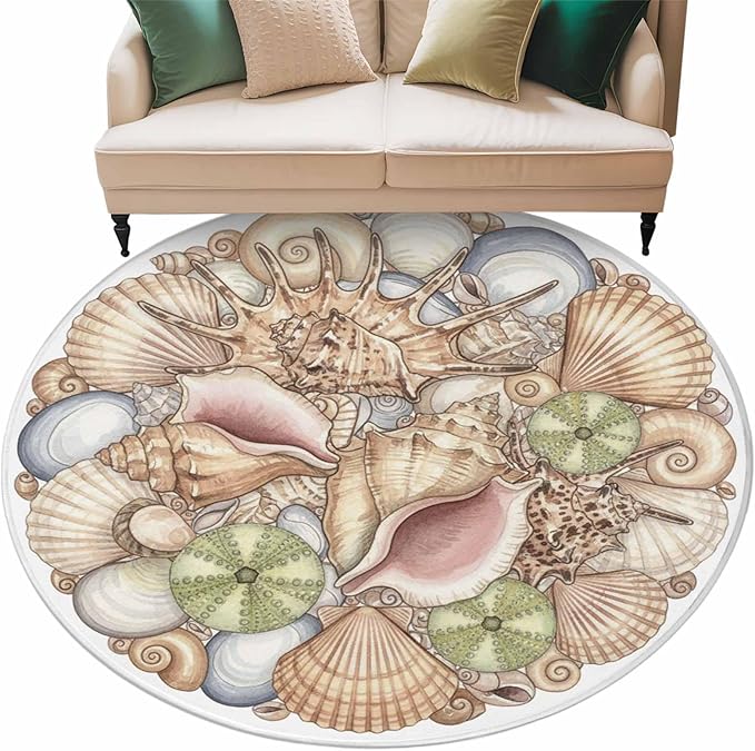 Washable Round Area Rug Coastal Colorful Shell Conch Circle Rugs Floor Carpet for Living Room Bedroom, Modern Abstract Art Soft Non Slip Round Rug 5ft