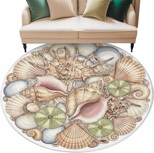 Washable Round Area Rug Coastal Colorful Shell Conch Circle Rugs Floor Carpet for Living Room Bedroom, Modern Abstract Art Soft Non Slip Round Rug 5ft