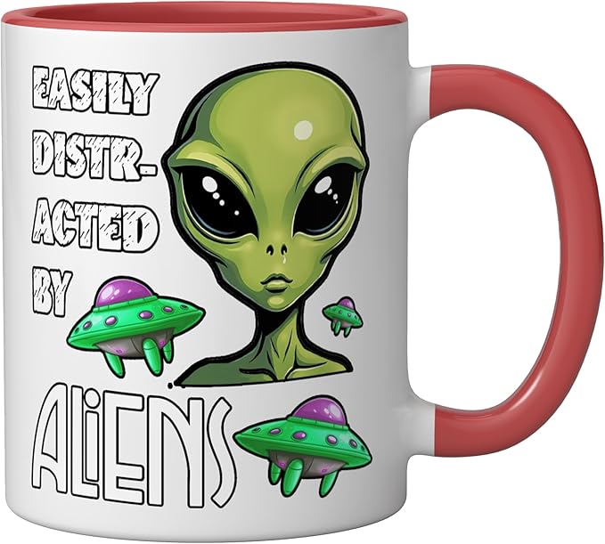 Easily Distracted By Aliens Funny Sci Fi Apparel Design Ceramic Mug, Red/White