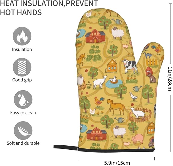 Farm Animals Design Oven Mitts of 2-Pack Set, Funny Kitchen Gloves Heat Resistant Non-Slip Kitchen Mitts Safe Cooking Baking Grilling