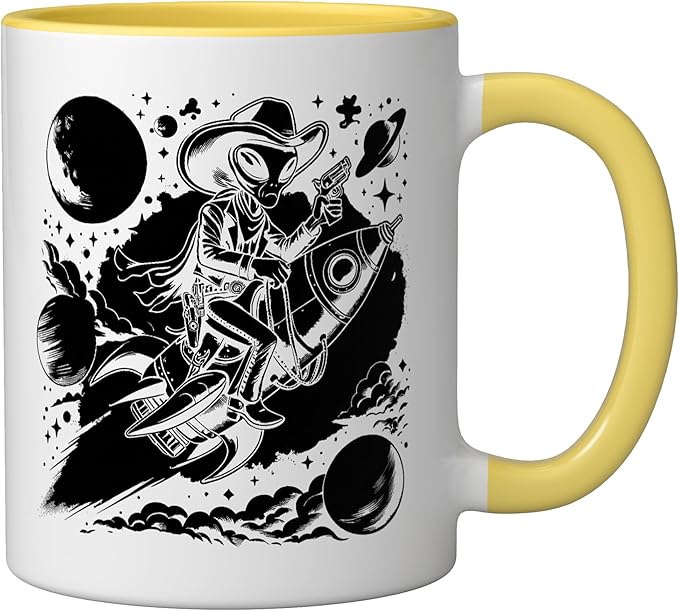 Alien Lover Flying Saucer UFO Extraterrestrial Cowboy Ceramic Mug, Yellow/White