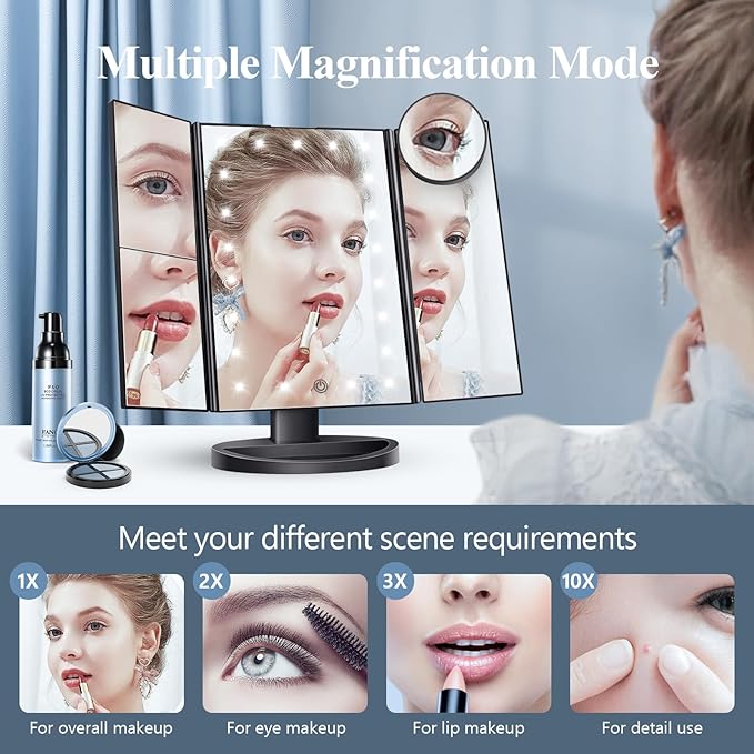 HUONUL Makeup Mirror, Vanity Mirror with Lights, 2X/3X/10X Magnification, Touch Control, Trifold, Dual Power Supply, Mothers Day for Mom Gifts,Gifts for Women, Wife, Mom, Girls,Dorm Room Essentials