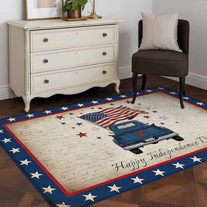 Area Rug 4x6ft, Happy Independence Day USA Flag Washable Rugs for Living Room Bedroom, Retro Blue Truck Soft Non-Slip Area Rugs Rectangle Floor Carpet for Dining Room