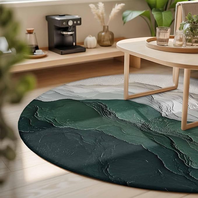 Washable Round Area Rug Rustic Green Gray White Mountain Range Circle Rugs Floor Carpet for Living Room Bedroom, Abstract Art Soft Non Slip Round Rug 3ft