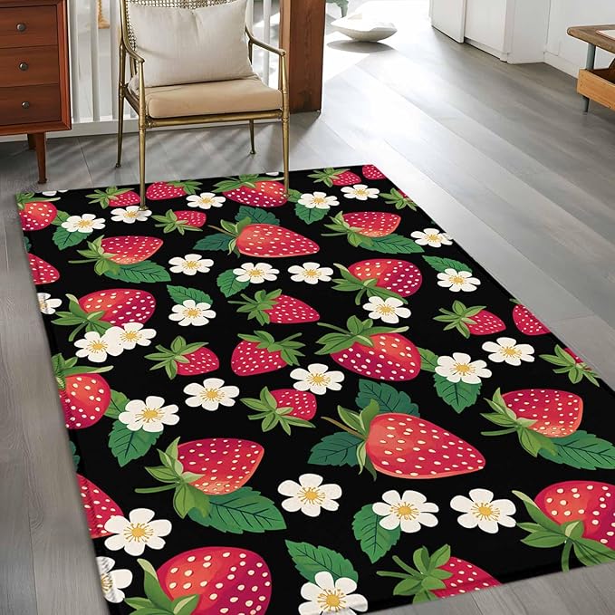Area Rug 3x5ft, Red Strawberry Litter Flower Leaves on Black Washable Rugs for Living Room Bedroom, Summer Fruit Soft Non-Slip Area Rugs Rectangle Floor Carpet for Dining Room