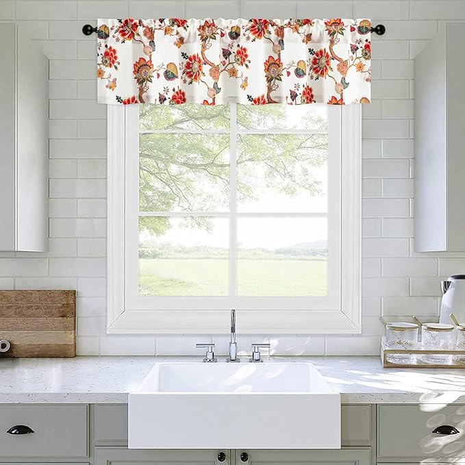 Leeva Farmhouse Floral Linen Valances for Kitchen Windows - Light Filtering Short Curtain with Rod Pocket, Rustic Decorative Valance for Cafe & Living Room, 52x12 Inches