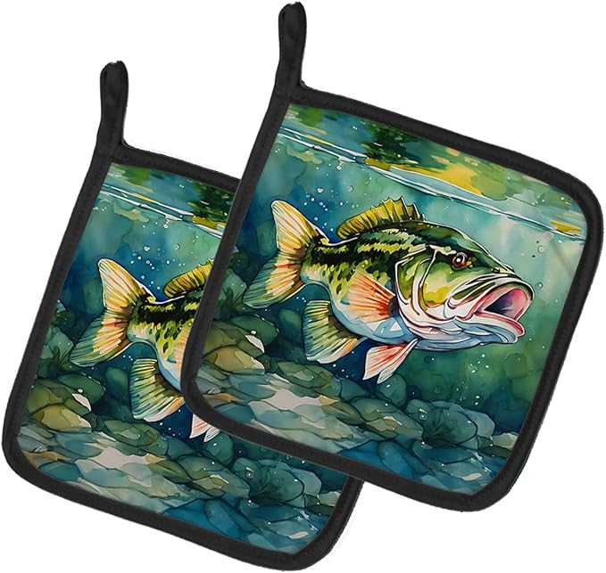 Caroline's Treasures Largemouth Bass Pair of Pot Holders Kitchen Heat Resistant Pot Holders Sets Oven Hot Pads for Cooking Baking BBQ, 7 1/2 x 7 1/2