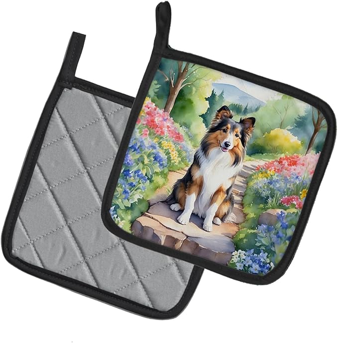 Caroline's Treasures Sheltie Spring Path Pair of Pot Holders Kitchen Heat Resistant Pot Holders Sets Oven Hot Pads for Cooking Baking BBQ, 7 1/2 x 7 1/2