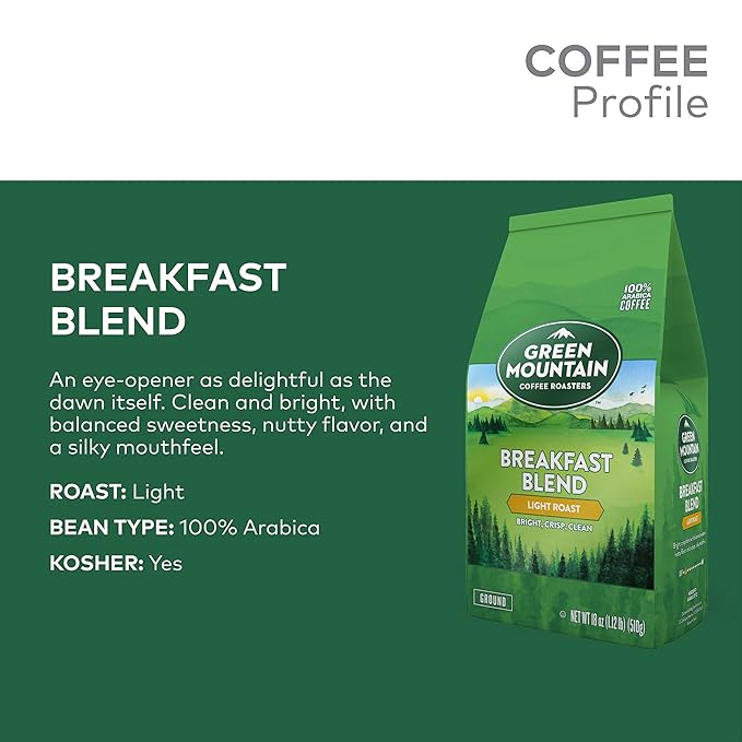 Green Mountain Coffee Roasters Breakfast Blend, Ground Coffee, Bagged 18 oz (Pack of 2)
