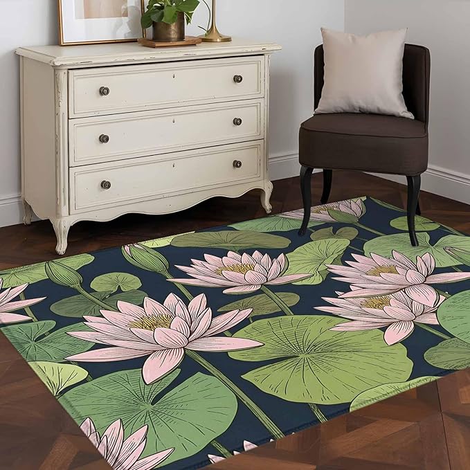 Area Rug 4x6ft, Pink Lotus Water Lily Dark Green Leaves Washable Rugs for Living Room Bedroom, Oriental Style Soft Non-Slip Area Rugs Rectangle Floor Carpet for Dining Room