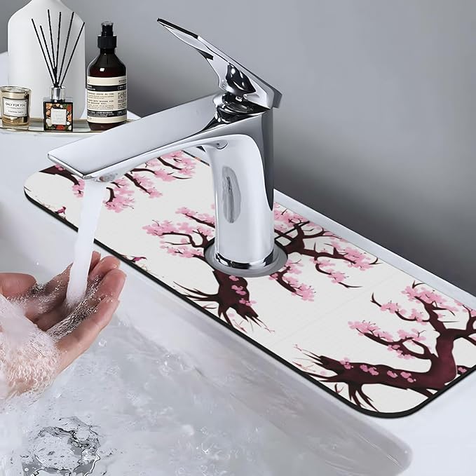 Cherry Blossoms Tree Printed Faucet Absorbent mat, Suitable for bathrooms, Kitchens, and Other Sink Areas.