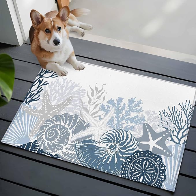 Area Rug 2x3ft, Underwater Blue Shells Starfish Coral Washable Rugs for Living Room Bedroom, Summer Botantical Soft Non-Slip Area Rugs Rectangle Floor Carpet for Dining Room