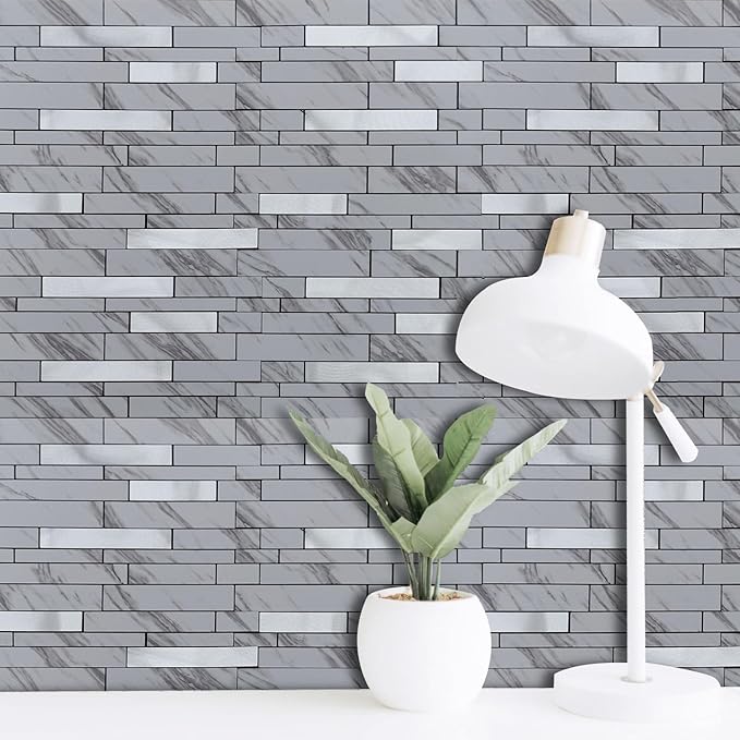 10-Sheet Peel and Stick Backsplash Tile, PVC Mixed Meta,l Stick on Kitchen, Bathroom Vanities, Fireplace Décor, Laundry Table(11.7" X 11.3") (White+Silver)