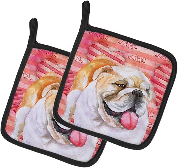Caroline's Treasures BB9726PTHD English Bulldog Love Pair of Pot Holders, Red Kitchen Heat Resistant Pot Holders Sets Oven Hot Pads for Cooking Baking BBQ, 7 1/2 x 7 1/2