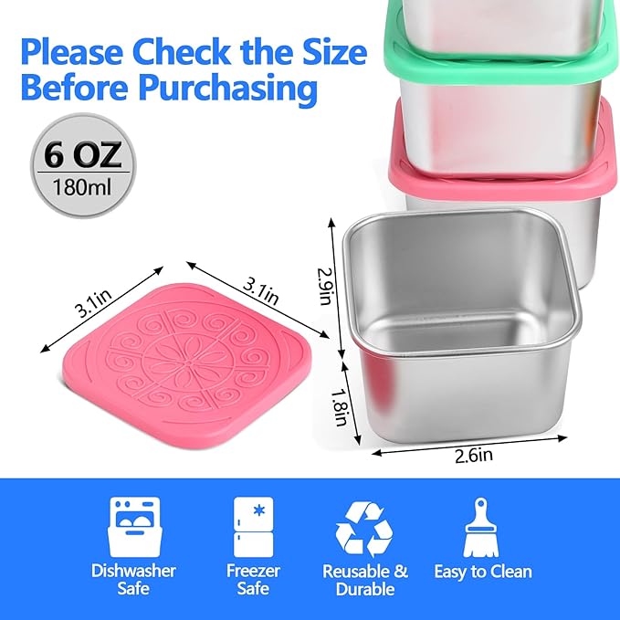 6 oz Stainless Steel Snack Containers with Lids - 8 Pack Meal Prep Lunch Boxes, LeakProof Metal Snack Containers, Stackable Dip Cups for Fruit, Cookie, Candy, Sauce