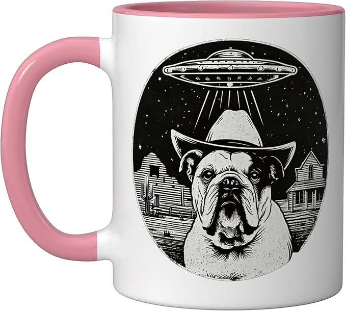 Retro UFO Cowboy Bulldog Western Sci Fi Alien Ceramic Mug, Pink/White