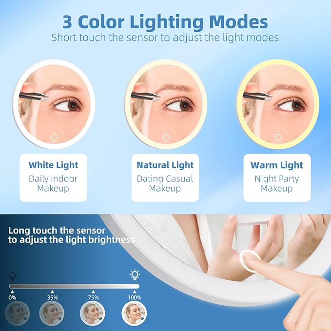 40X Magnifying Mirror with Light, 6inch Compact Travel Size, 3 Color Lights Adjustable Brightness, Rechargeable 40X Makeup Magnification Mirror with 3 Suction Cups - Includes Tweezers & Scissors