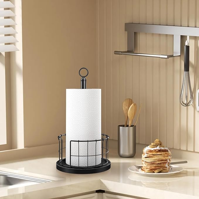 Homode Paper Towel Holder Countertop, Free-Standing Paper Towel Rack with Heavy Duty Wood Base, Industrial Paper Towel Roll Stand for Kitchen Counter, Fits Standard and Jumbo Size Rolls, Black