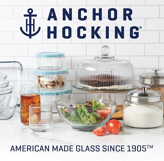 Anchor Hocking 11-Cup Glass Storage Containers with Lids, Set of 2 Glass Food Storage Containers with Blueberry SnugFit Lids