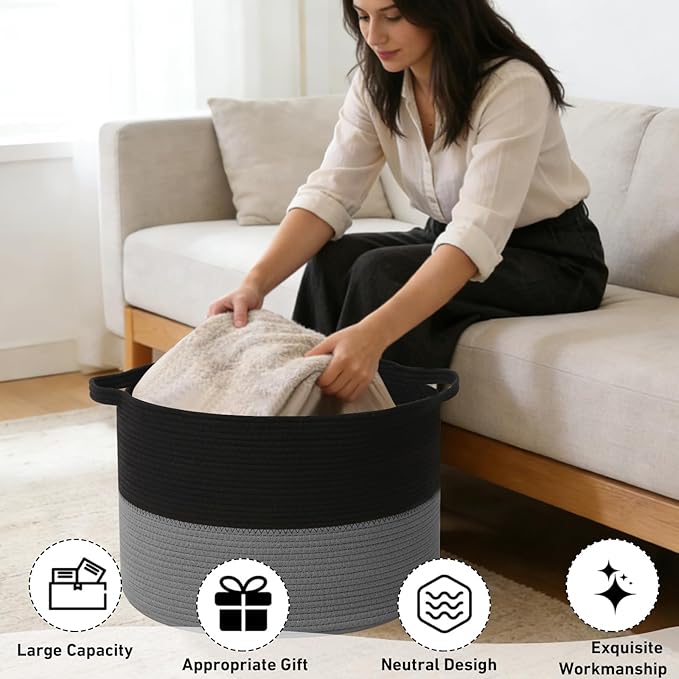 90L Extra Large Blanket Basket,Woven Laundry Basket Hamper with Handles, Decorative Nursery Basket Storage Bin for Toys, Clothes Organizer, Living Room, Bedroom, Bathroom, Black&Dark Grey