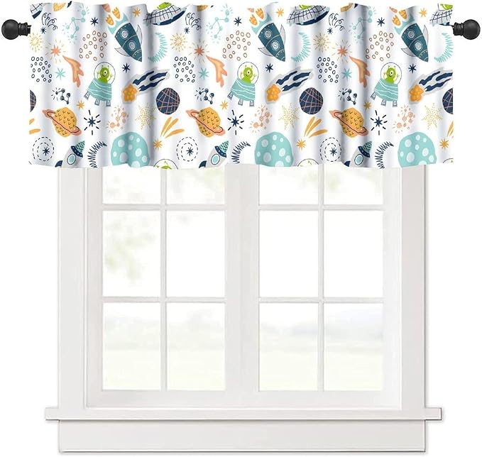 Kids Space Alien Valance, Cute Fun Cartoon Universe Planet Stars Rocket Short Rod Pocket Window Treatment for Kitchen Bedroom Nursery Classroom Decor, 54x18Inch