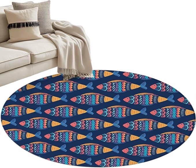 Washable Round Area Rug Ethnic Style Ocean Fish Circle Rugs Floor Carpet for Living Room Bedroom, Watercolor Marine Life on Navy Blue Soft Non Slip Round Rug 3ft