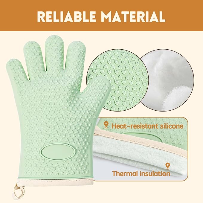 2 Pairs Silicone Oven Mitts Heat Resistant Gloves Heat Resistant Non-Slip Waterproof Kitchen Mittens for Baking, Grilling, Cooking(2 Pairs-Green + White)