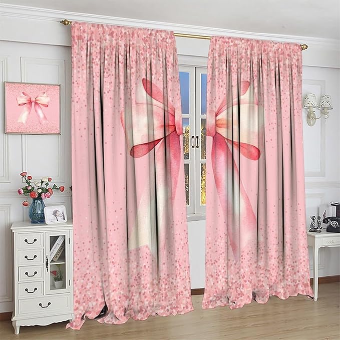 Pink Bow Blackout Curtain,Fashion Girly Bowknot Glitter Sparkle Print Window Curtains for Dining Room Living Room Kitchen Cafe Bedroom Office Nursery Drapes,72x63 in