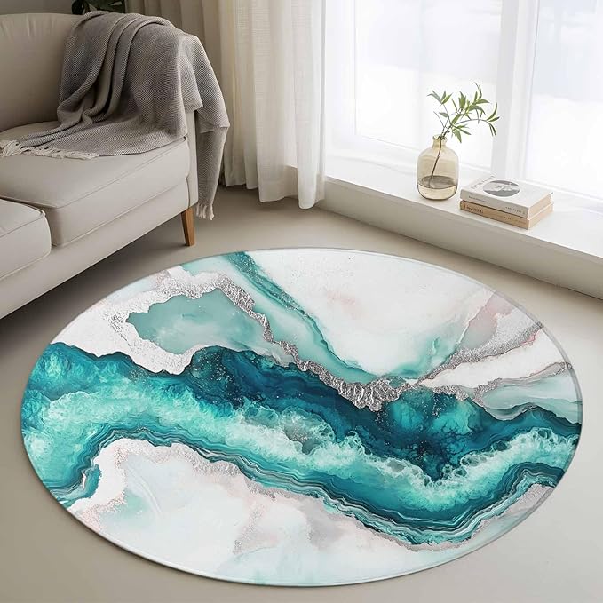 Washable Round Area Rug Abstract Blue Marble Texture Circle Rugs Floor Carpet for Living Room Bedroom, Modern Luxury Pattern Soft Non Slip Round Rug 4ft