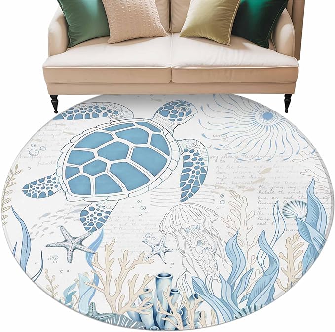 Washable Round Area Rug Blue Sea Turtles Stars Corals Circle Rugs Floor Carpet for Living Room Bedroom, Vintage Marine Life Soft Non Slip Round Rug 5ft