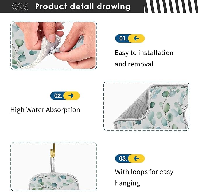 Kitchen Faucet Absorbent Mat,Flower Green Leaves Water Splash Guard for Sink, Faucet Drip Catcher Thicken Sponge Microfiber Faucet Water Catcher Mat Sink Absorbent Mat for Kitchen 23x5in 2 Pack