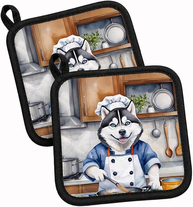 Caroline's Treasures Siberian Husky The Chef Pair of Pot Holders Kitchen Heat Resistant Pot Holders Sets Oven Hot Pads for Cooking Baking BBQ, 7 1/2 x 7 1/2