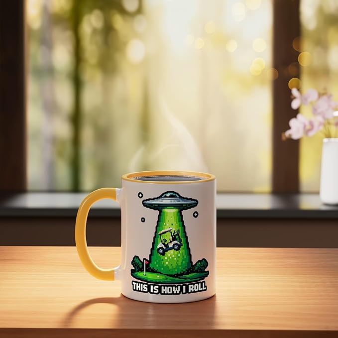 This Is How I Roll Golf UFO Abduction Funny Pixel Art Ceramic Mug, Yellow/White