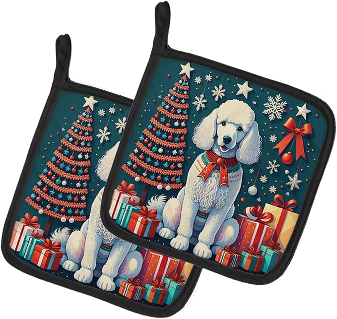 Caroline's Treasures White Poodle Christmas Pair of Pot Holders Kitchen Heat Resistant Pot Holders Sets Oven Hot Pads for Cooking Baking BBQ, 7 1/2 x 7 1/2