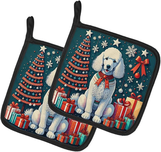 Caroline's Treasures White Poodle Christmas Pair of Pot Holders Kitchen Heat Resistant Pot Holders Sets Oven Hot Pads for Cooking Baking BBQ, 7 1/2 x 7 1/2