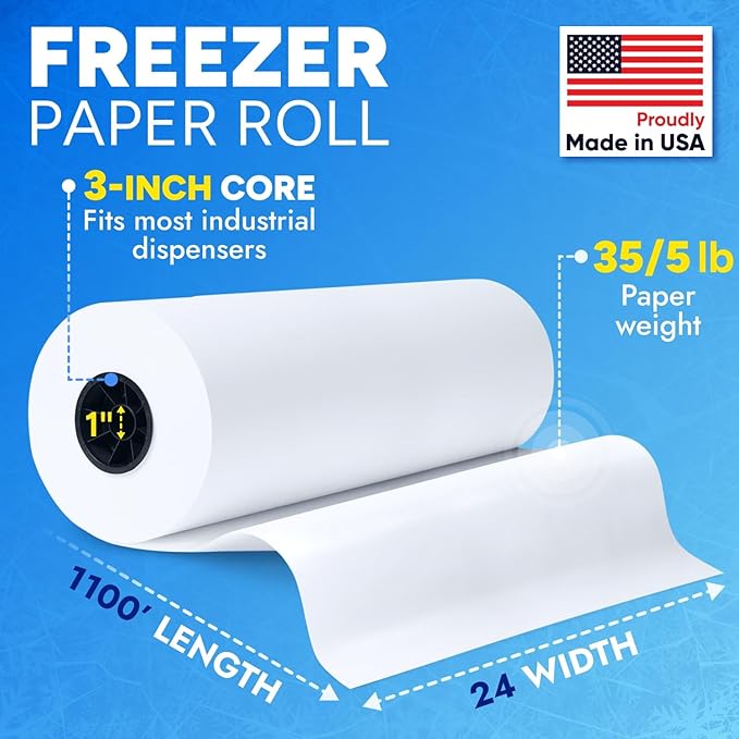 24" x 13200" (1100') Made in USA White Freezer Paper Roll – Moisture-Resistant Wrap, Prevents Freezer Burn, Keeps Meat Fresh for up to 1 year – Plastic Coated Paper for Meat, Fish, and Poultry