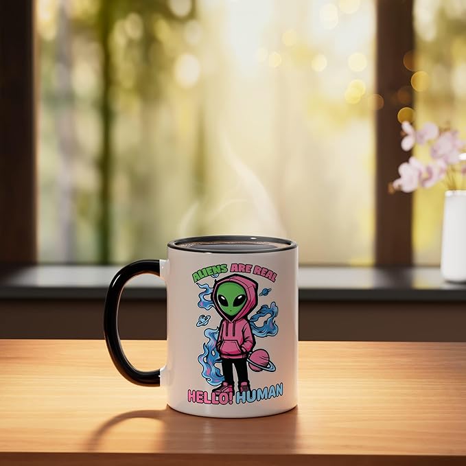 Aliens Are Real UFO Flying Saucer Grey Alien Sci-Fi Art Ceramic Mug, Black/White