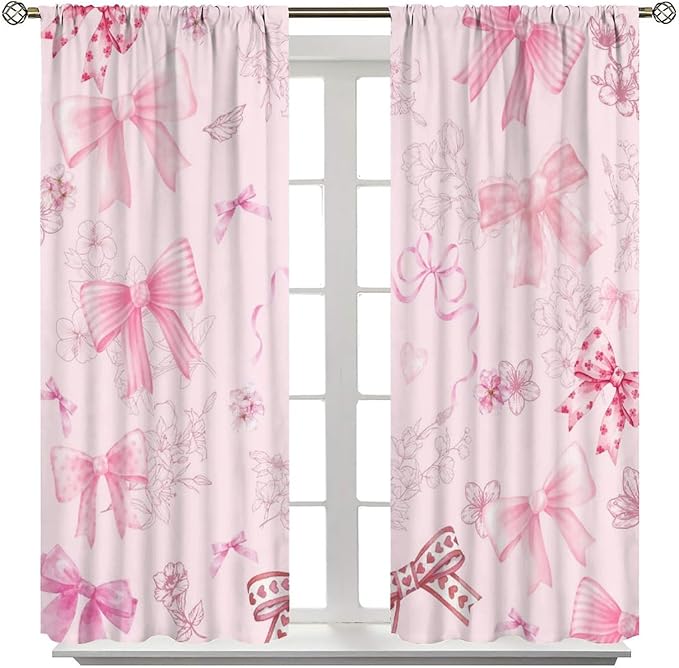 Pink Bow Blackout Curtain,Girly Kids Flower Fashion Floral Cute Bownot Modern Window Curtains for Dining Room Living Room Kitchen Cafe Bedroom Office Drapes,84x84 in