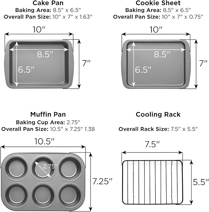 Ecolution Non-Stick Toaster Oven Bakeware Set 4-Piece, Carbon Steel, Easy to Clean and Perfect for Single Servings, Gray