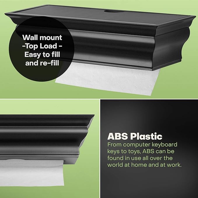 Black ABS Plastic MultiFold Paper Towel Dispenser - Wall Mount Shelf - Handy Multi-Use Decorative Shelf Dispenser for Bath, Kitchen, Laundry Room