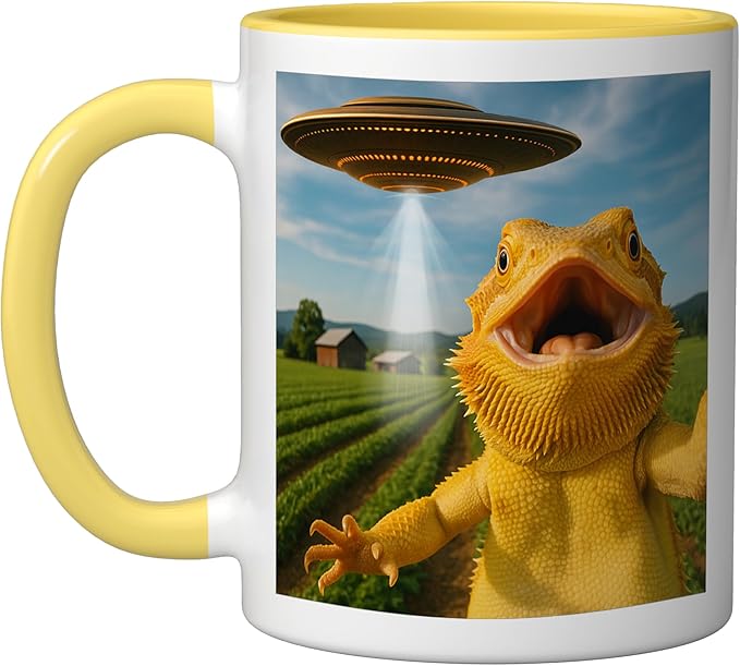 Funny Bearded Dragon Selfie with Alien UFO Ceramic Mug, Yellow/White