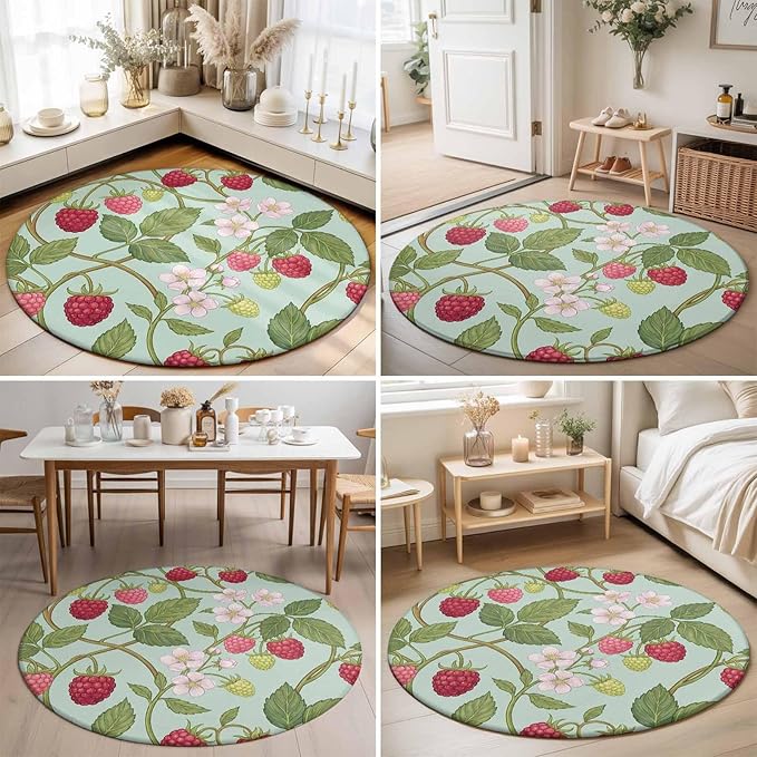 Washable Round Area Rug Farmhouse Berry Red Pink Blossoms Flower Circle Rugs Floor Carpet for Living Room Bedroom, Green Leaves Soft Non Slip Round Rug 5ft