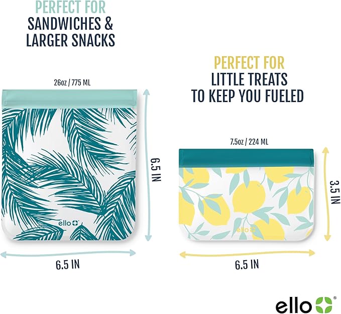 Ello 4 Pack Reusable Food Storage Bags, Resealable BPA-Free, Food-Safe PEVA, Feezer Safe and Leak-Proof
