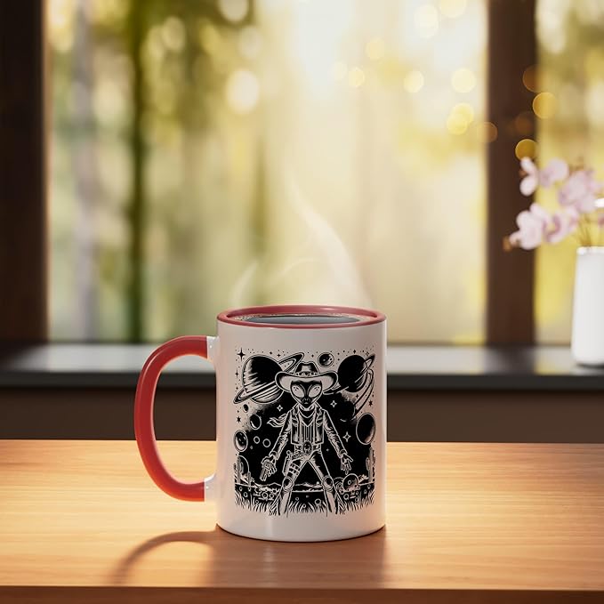 Alien Lover Flying Saucer UFO Extraterrestrial Cowboy Ceramic Mug, Red/White