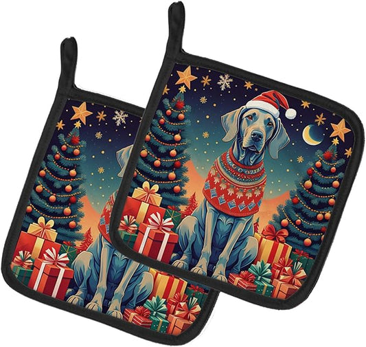 Caroline's Treasures Weimaraner Christmas Pair of Pot Holders Kitchen Heat Resistant Pot Holders Sets Oven Hot Pads for Cooking Baking BBQ, 7 1/2 x 7 1/2