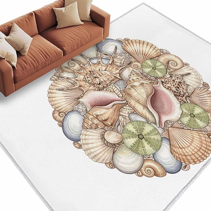 Area Rug 6x9ft, Coastal Colorful Shell Conch Washable Rugs for Living Room Bedroom, Modern Abstract Art Soft Non-Slip Area Rugs Rectangle Floor Carpet for Dining Room