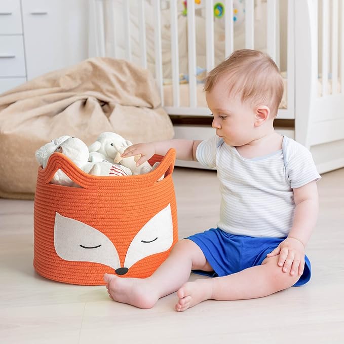 Fox Decor Basket, Nursery Basket for Baby Clothes, Toys, Laundry, Blanket, Cute Animal Storage Box, Large Woven Gift for Kids, Baby Showers-15.7"L x 11.8"H, Orange