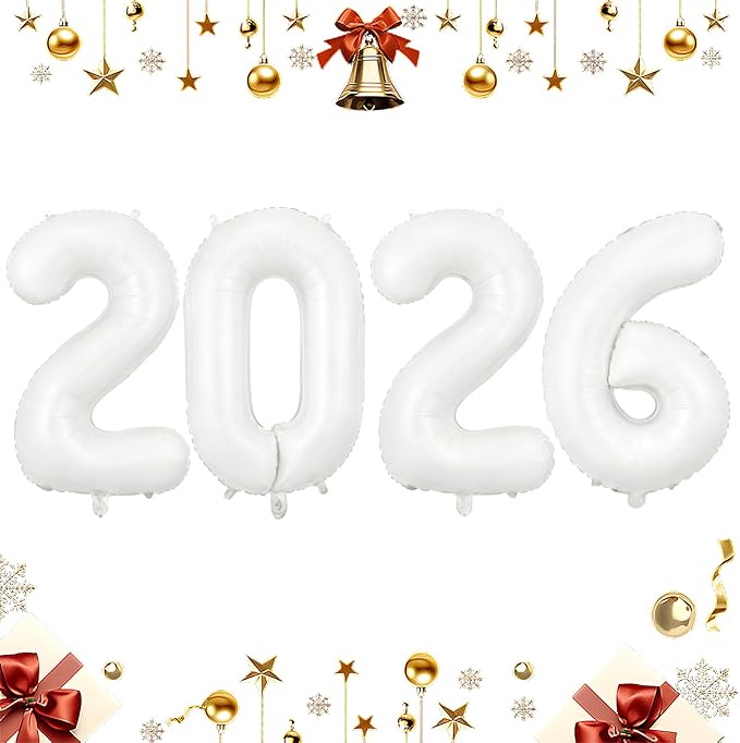 White 2026 Balloons, Large 32 Inch Foil 2026 Number Balloons, Grad Balloons for Class of 2026 Graduation Party, White Matellic Foil New Year Birthday Home Office Party Supplies